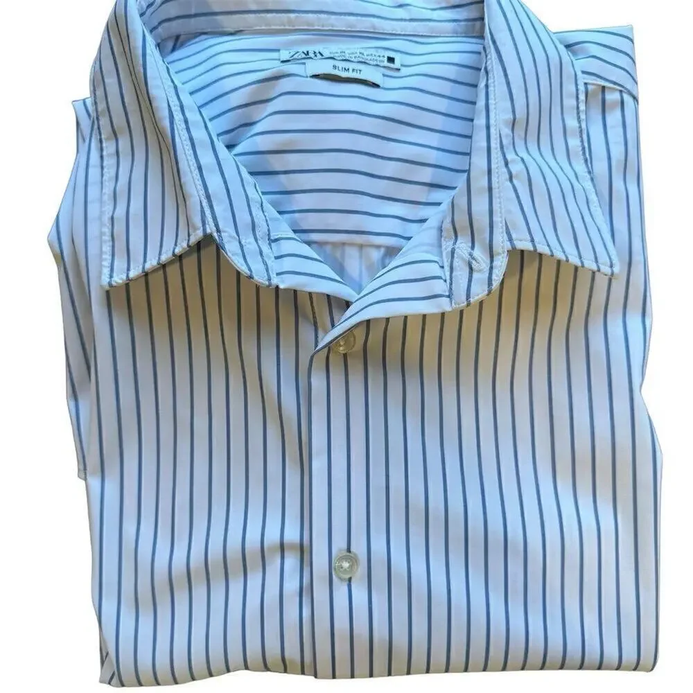 Zara Men’s Slim Fit Striped Long Sleeve Button-Up Shirt Blue Size XL